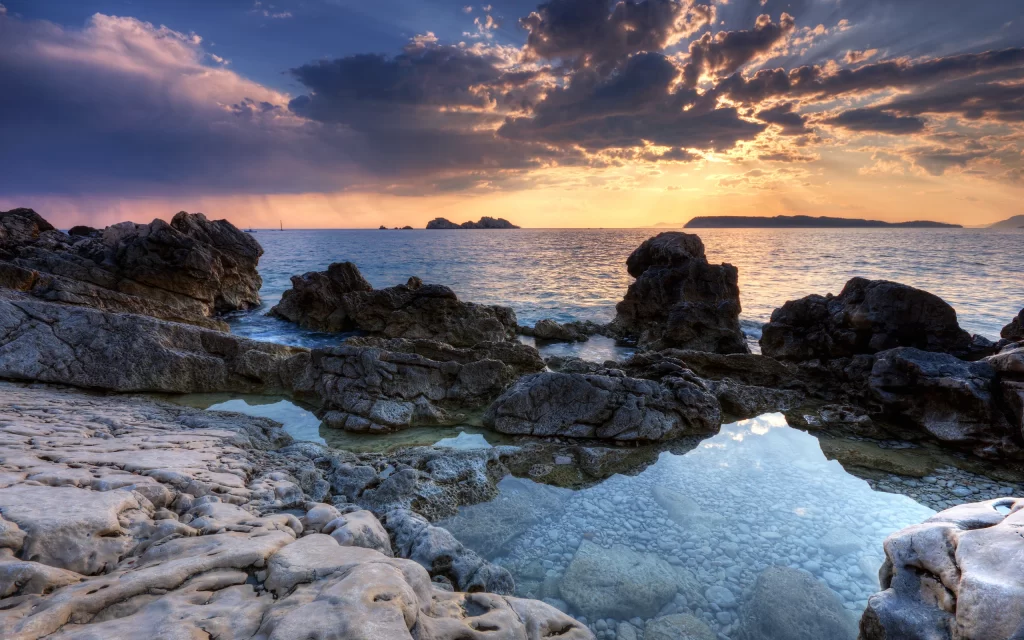 Sunset Clouds Ocean Rocks Reflection