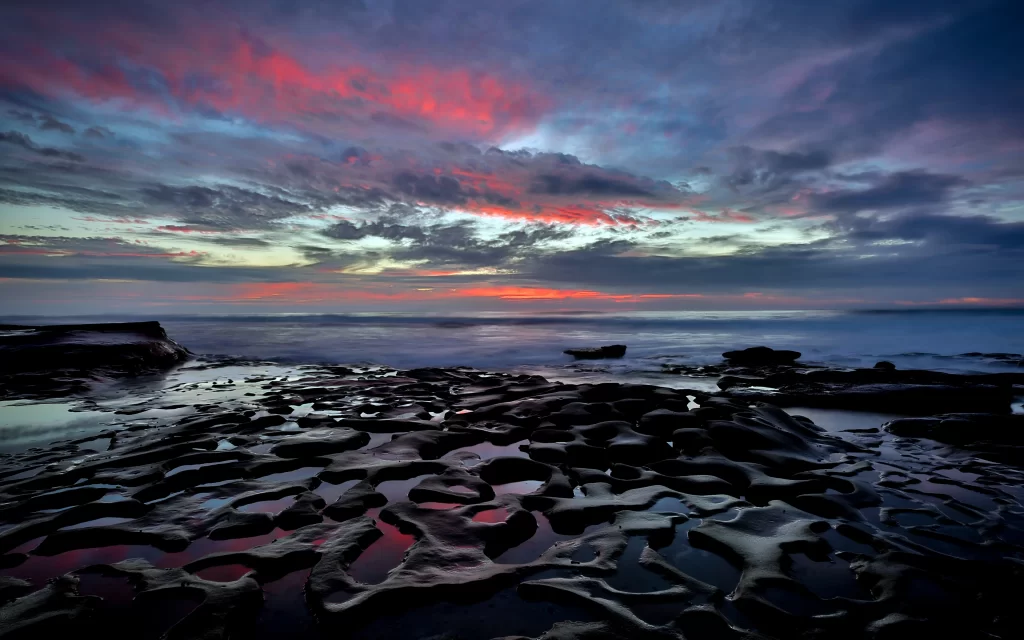 Sunset Clouds Ocean Rocks Reflection