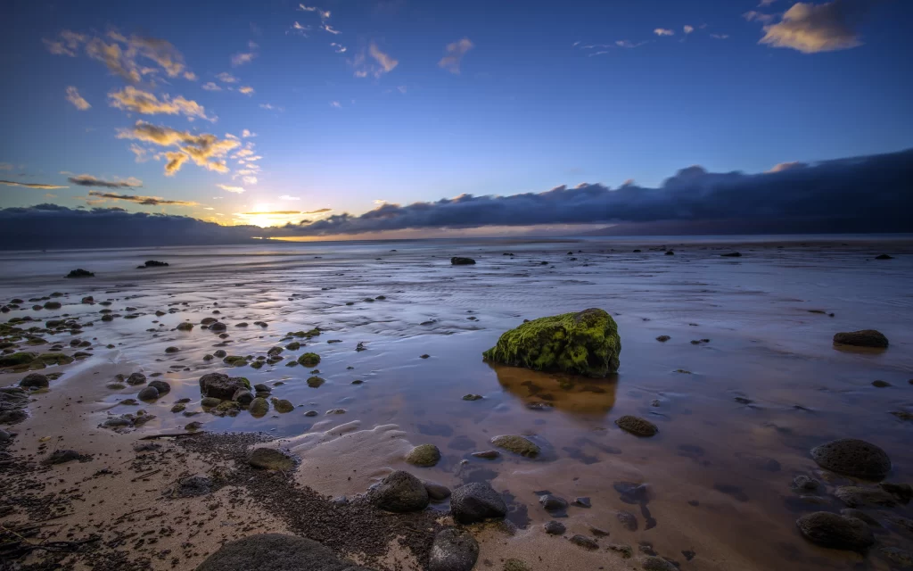 Sunset Clouds Ocean Rocks Reflection Horizon