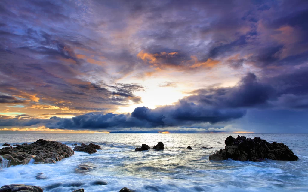 Sunset Clouds Ocean Waves Rocks Horizon