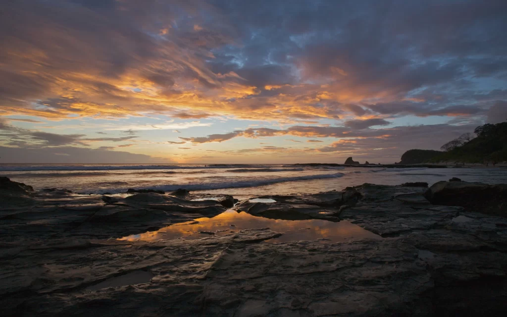 Sunset Clouds Ocean Waves Rocky Shore Reflection