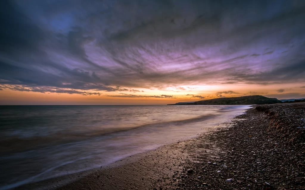 Sunset Clouds Ocean Waves Rocky Shoreline Tranquil