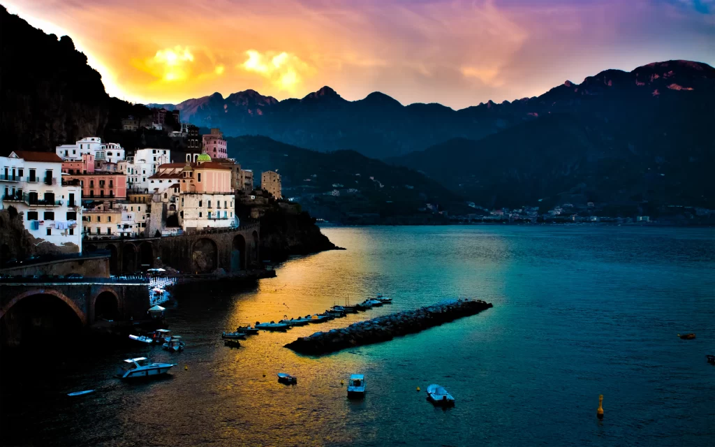 Sunset Coastal Town Mountains Boats Water Sky