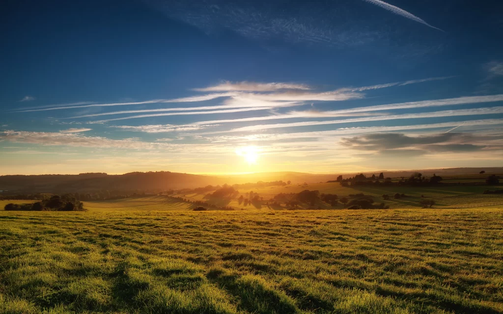 Sunset Fields Green Sky Clouds Horizon