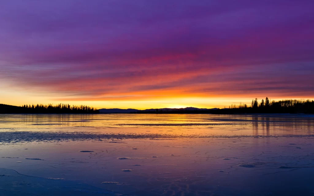 Sunset Ice Lake Reflections Silhouettes Trees Mountains