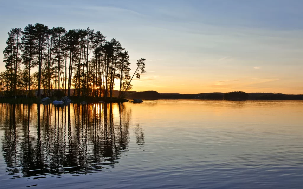 Sunset Lake Trees Reflection Calm Nature