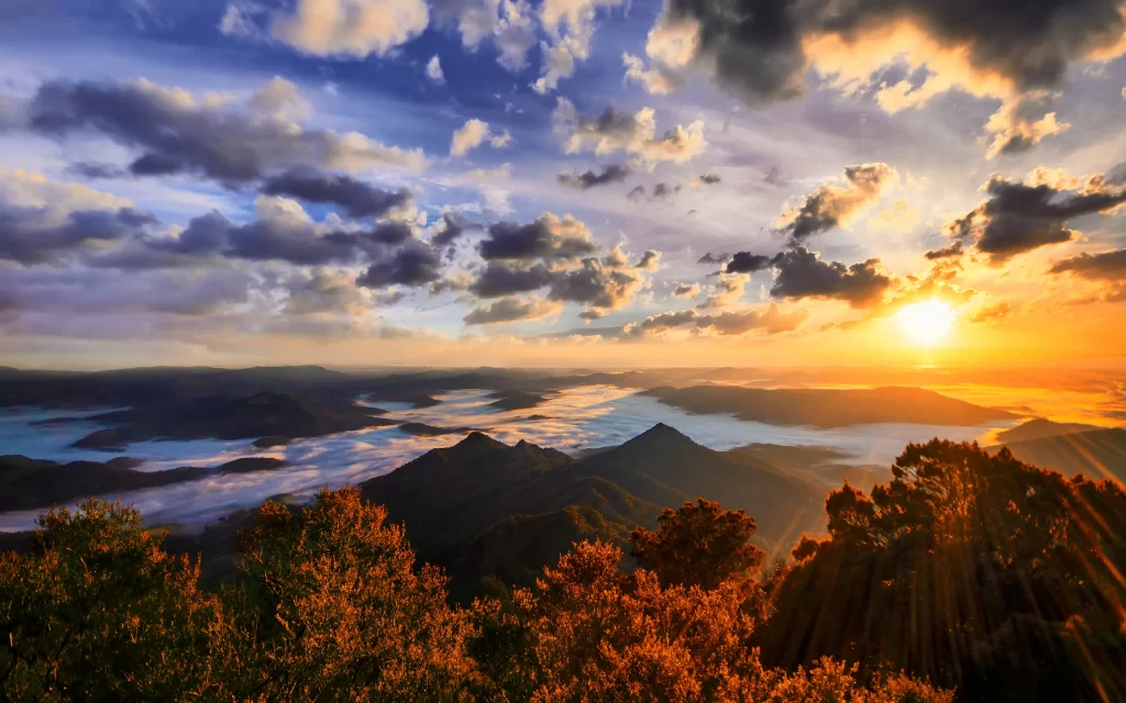 Sunset Mountain Clouds Mist Forest