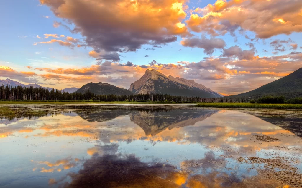 Sunset Mountain Lake Reflection Clouds Forest