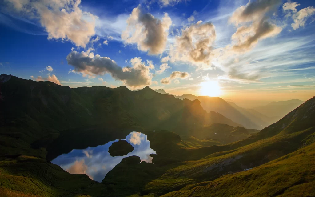 Sunset Mountain Lake Reflection Clouds Nature