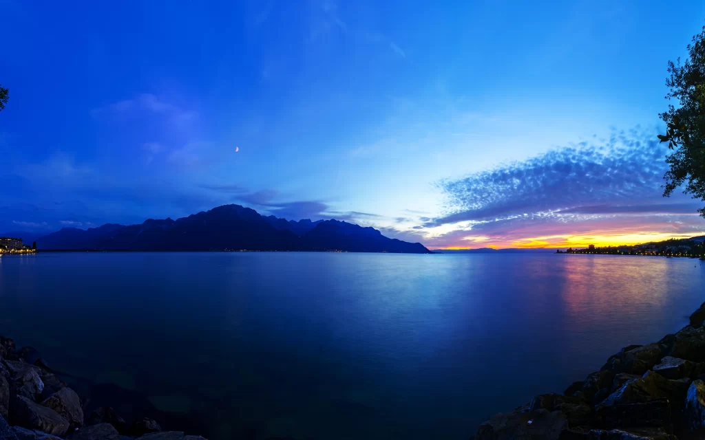 Sunset Mountain Lake Reflections Calm Water Sky