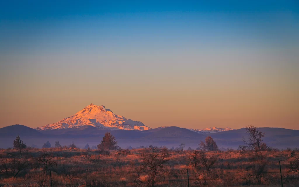 Sunset Mountain Snow Peaks Clear Sky Landscape