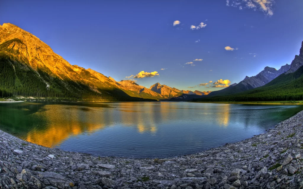 Sunset Mountains Lake Reflection Blue Sky Clouds