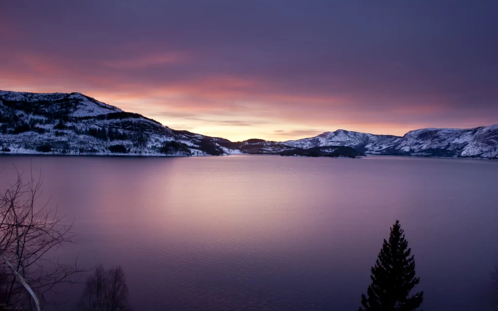 Sunset Mountains Lake Reflections Snowy Peaks