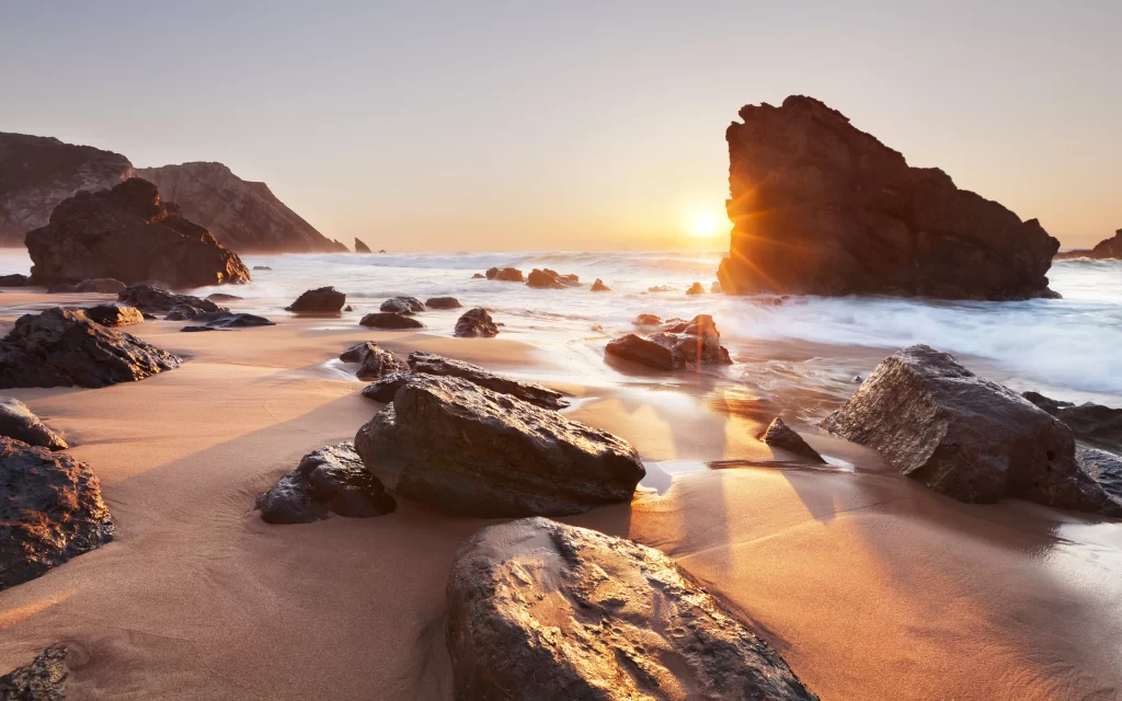 Sunset Ocean Rocks Beach Golden