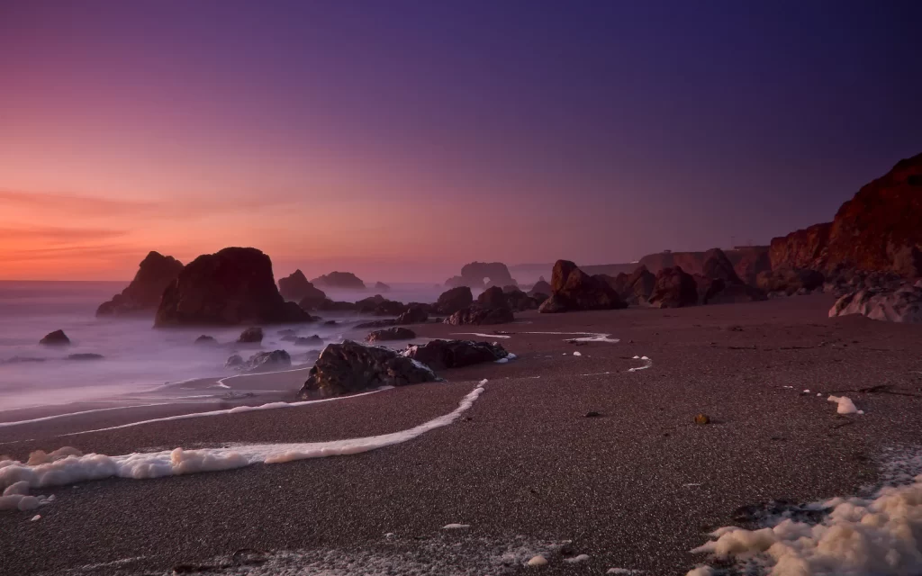 Sunset Ocean Rocks Beach Mist Twilight