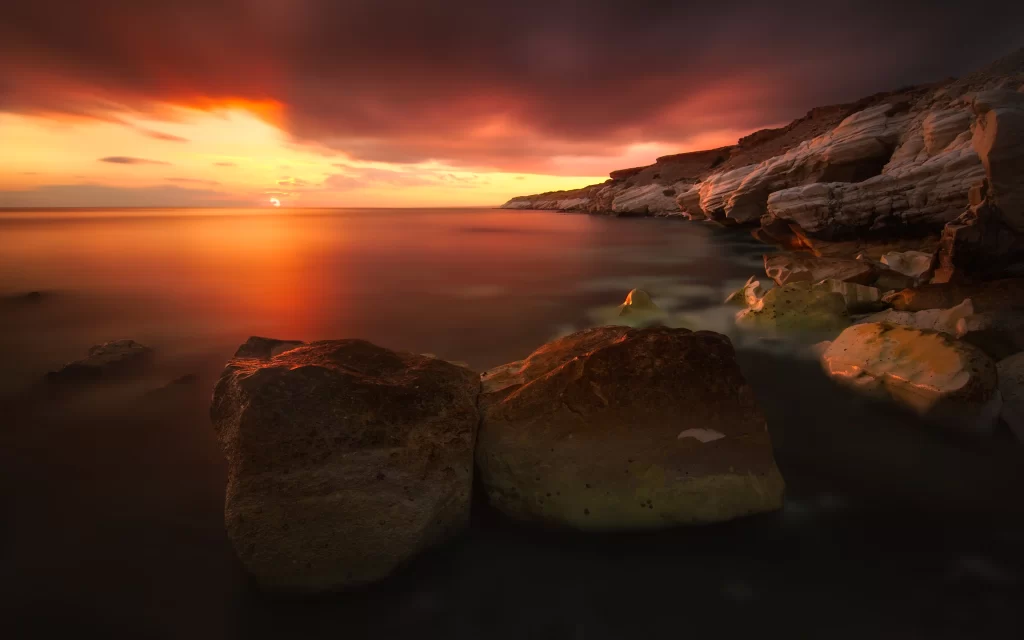 Sunset Ocean Rocks Clouds Reflection Warm Colors
