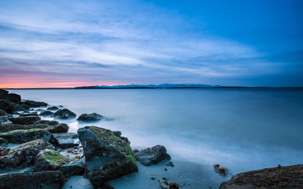 Sunset Ocean Rocks Horizon Mountains Calm