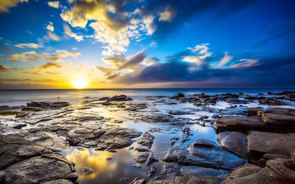 Sunset Ocean Rocks Reflections Clouds