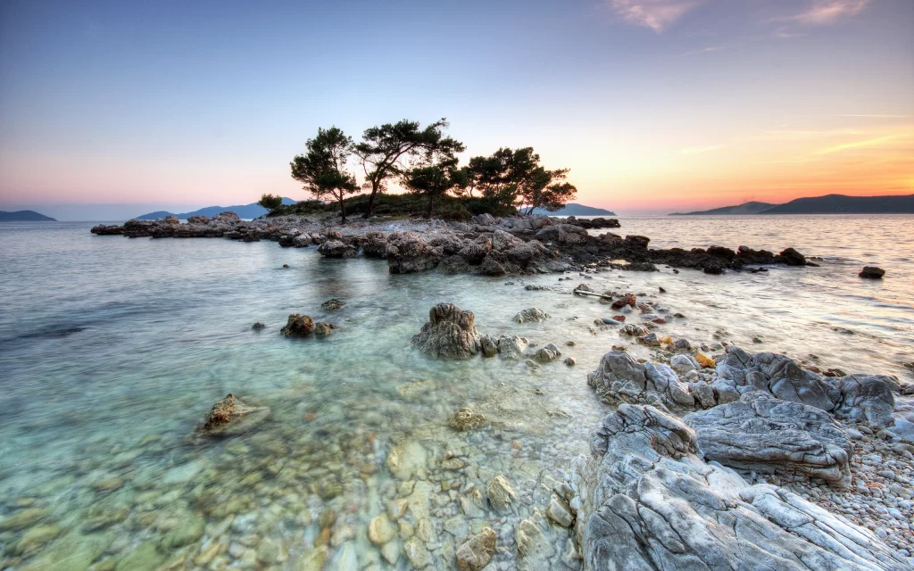Sunset Ocean Rocks Trees Clear Water