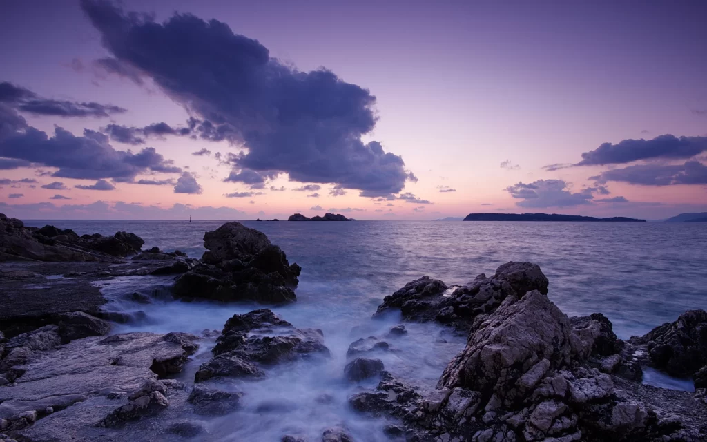 Sunset Ocean Rocks Waves Clouds Purple