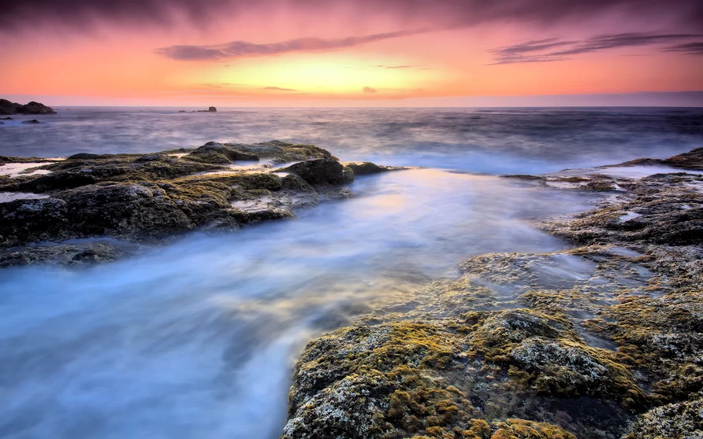 Sunset Ocean Rocks Waves Misty