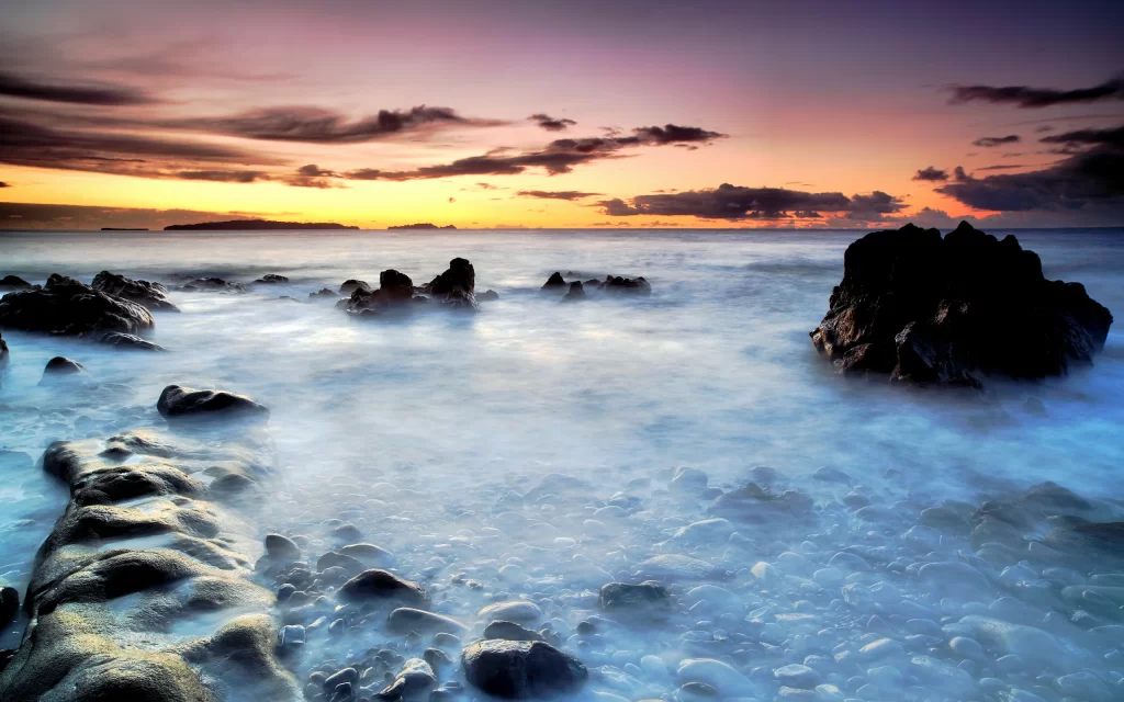 Sunset Ocean Rocks Waves Misty