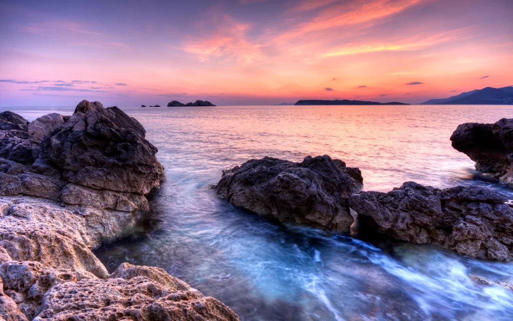 Sunset Ocean Rocks Waves Sky