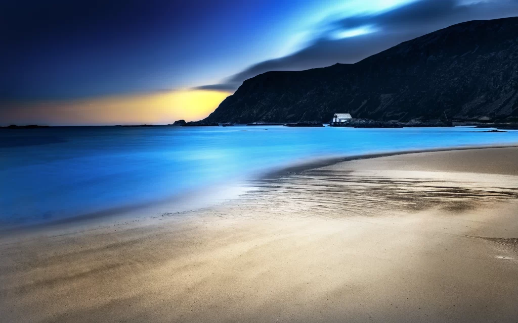 Sunset Ocean Waves Beach Blue Sky Mountain