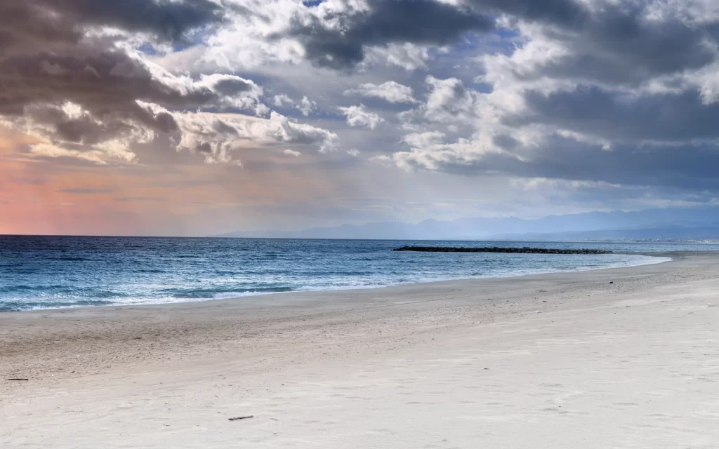 Sunset Ocean Waves Beach Clouds Mountains