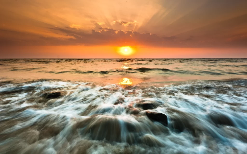 Sunset Ocean Waves Beach Golden