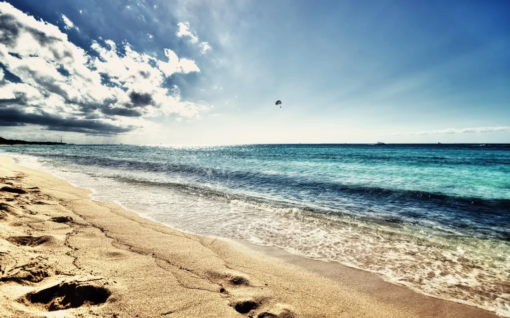 Sunset Ocean Waves Beach Golden Kiteboarding Blue Sky Clouds