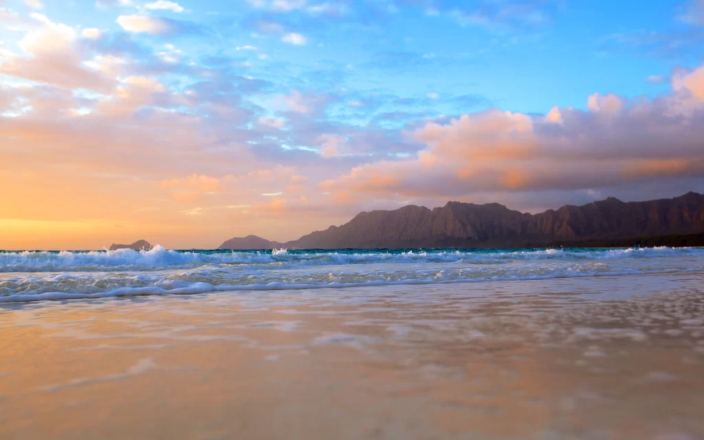 Sunset Ocean Waves Beach Golden Mountains Clouds