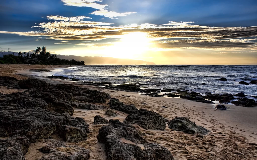 Sunset Ocean Waves Beach Rocky Shoreline