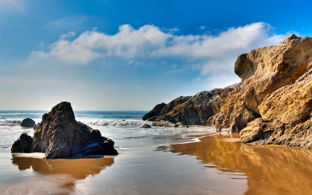 Sunset Ocean Waves Beach Rocky Shoreline Clear Sky