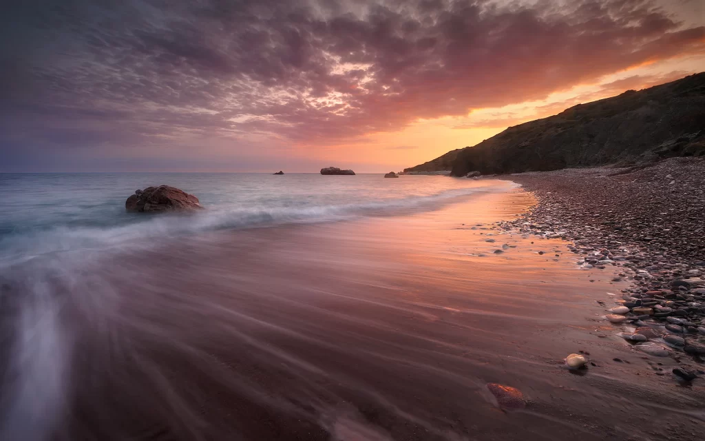 Sunset Ocean Waves Beach Rocky Shoreline Clouds