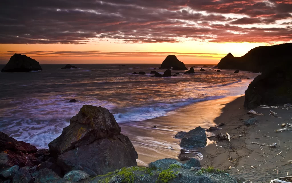 Sunset Ocean Waves Beach Rocky Shoreline Driftwood