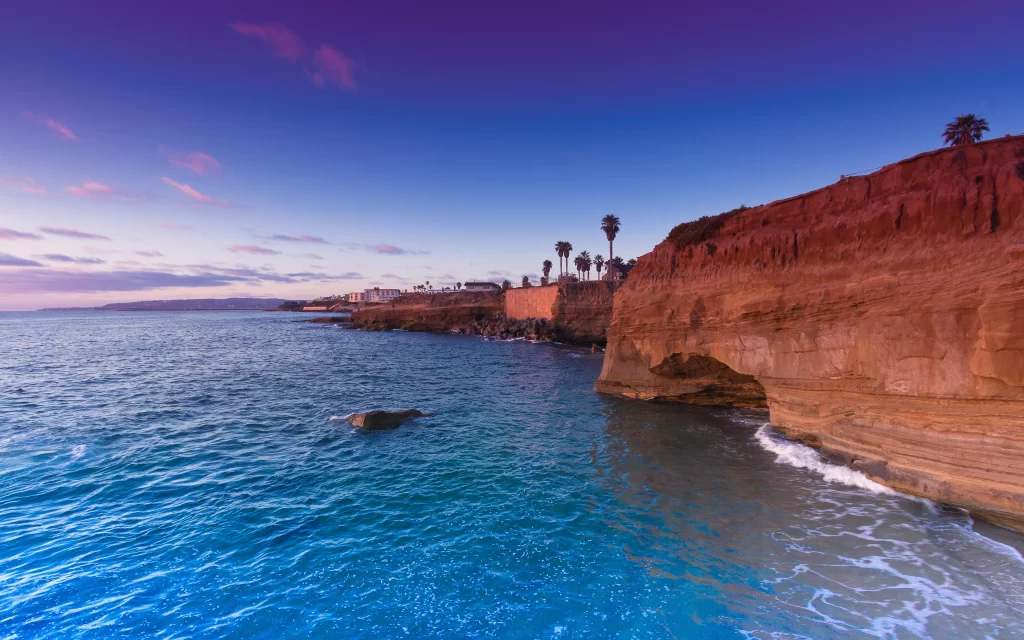 Sunset Ocean Waves Cliffs Beach Golden