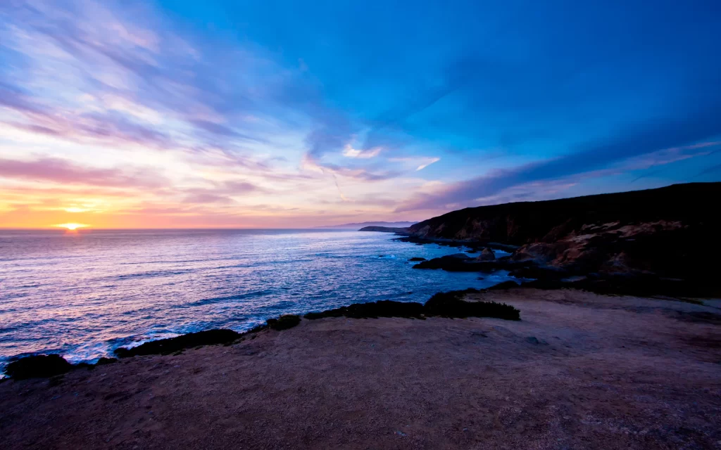 Sunset Ocean Waves Cliffs Blue Sky
