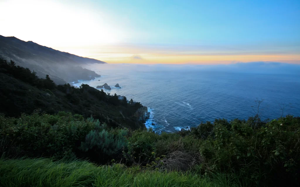 Sunset Ocean Waves Coastline Greenery Mountain