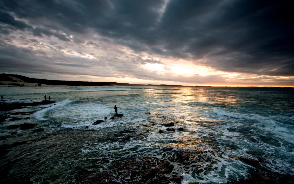 Sunset Ocean Waves Rocks Clouds