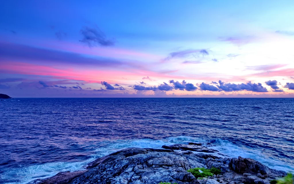 Sunset Ocean Waves Rocks Clouds