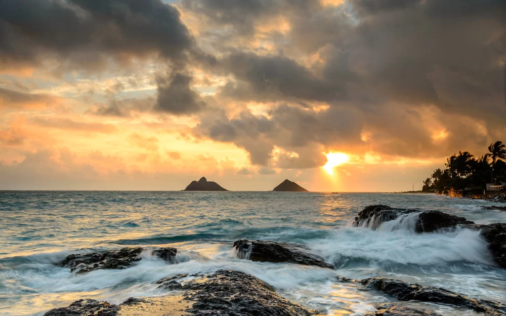 Sunset Ocean Waves Rocks Clouds