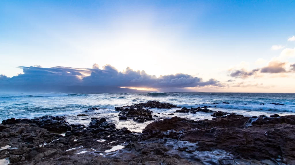 Sunset Ocean Waves Rocks Clouds Horizon