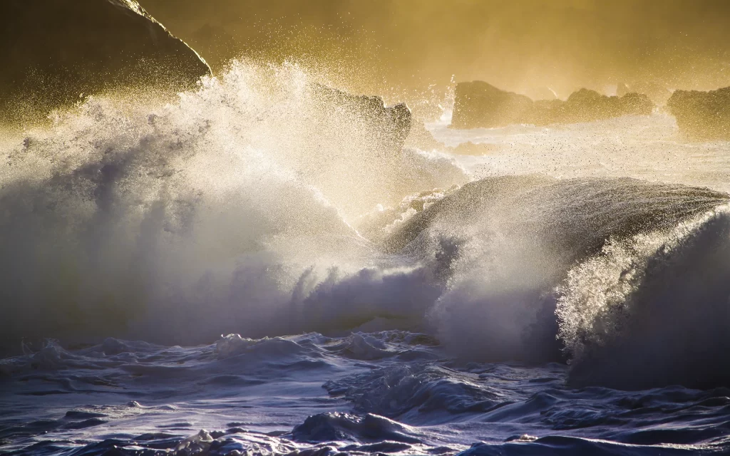 Sunset Ocean Waves Rocks Golden