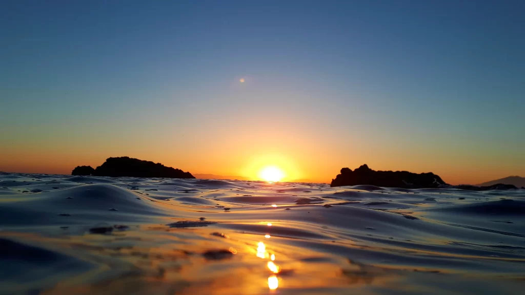 Sunset Ocean Waves Rocks Horizon Reflection