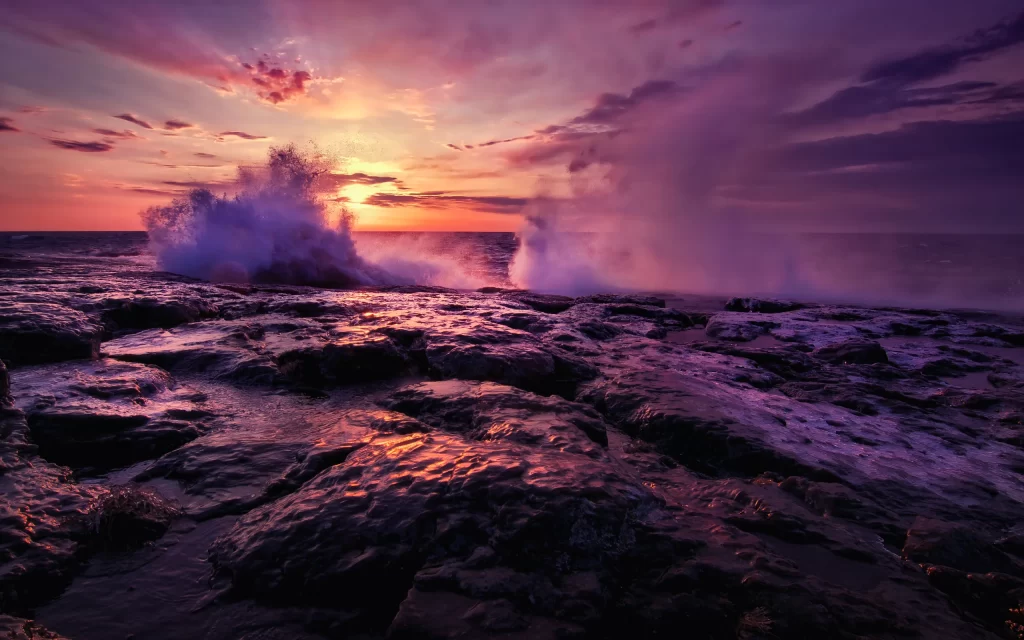 Sunset Ocean Waves Rocks Purple Sky