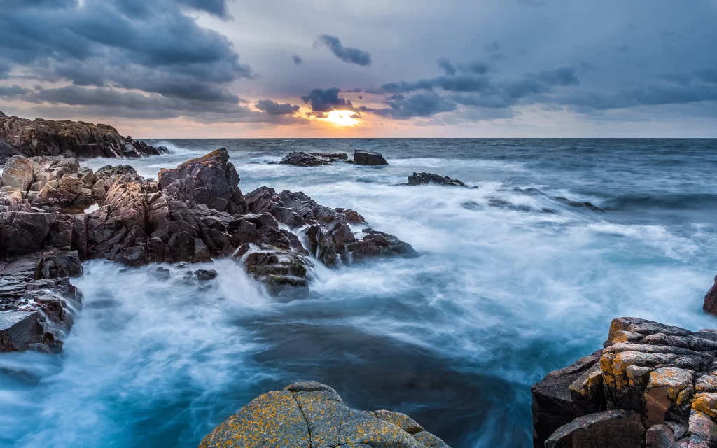 Sunset Ocean Waves Rocks Stormy Clouds