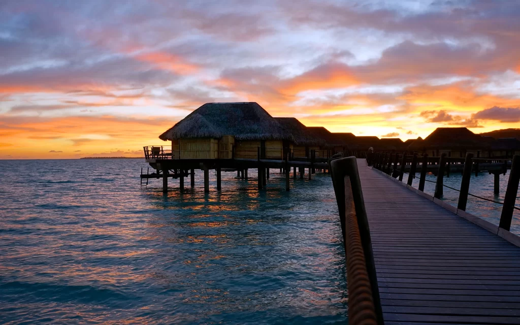 Sunset Overwater Bungalows Ocean Sky Clouds