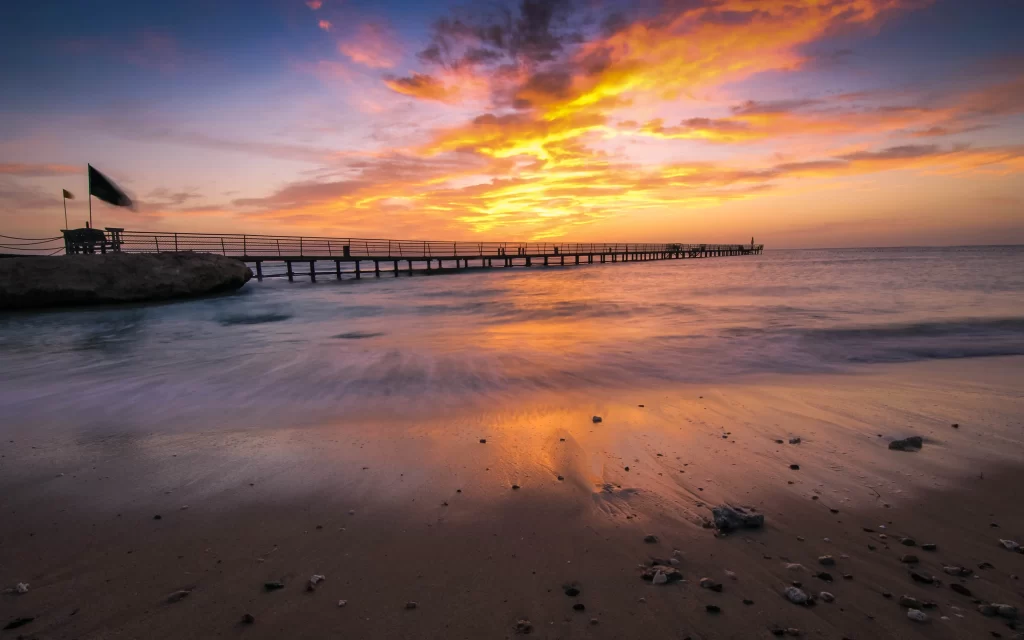 Sunset Pier Ocean Waves Beach Golden