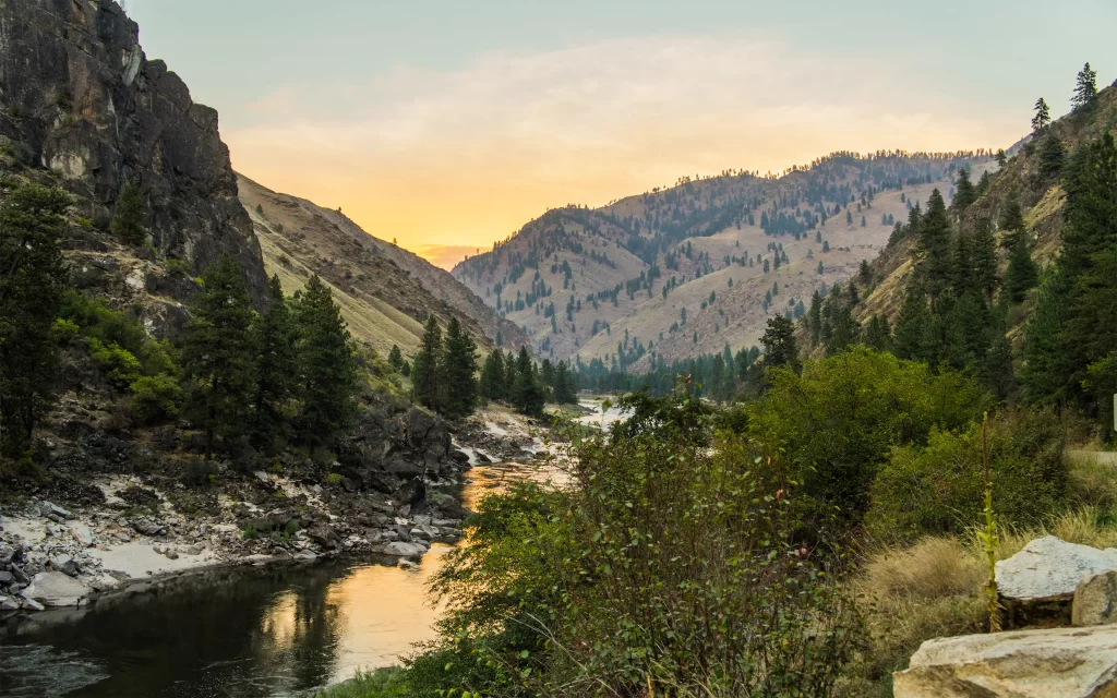 Sunset River Mountains Trees Nature Scenery
